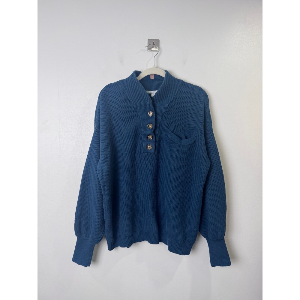 Lunya Women Blue Chunky Knit Button Mock Neck Pocket Sweater Medium